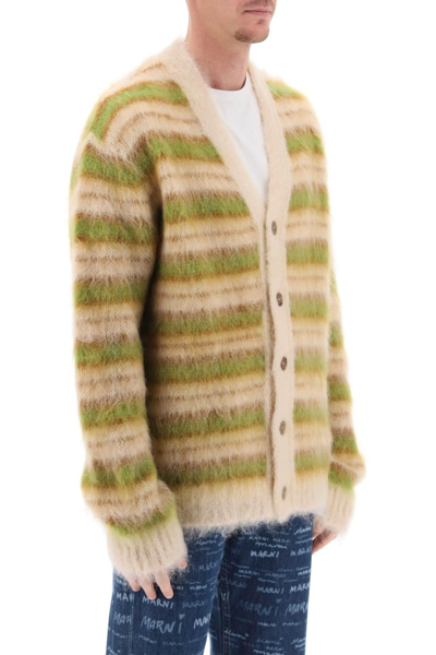 Shop Marni Brushed Cardigan In Striped Mohair In Beige,green,neutro