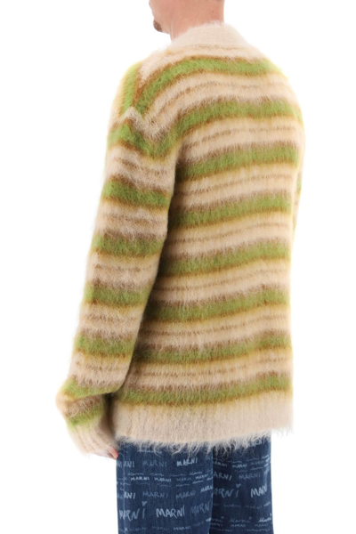 Shop Marni Brushed Cardigan In Striped Mohair In Beige,green,neutro