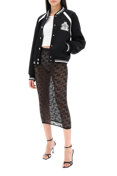 Shop Alessandra Rich Satin Bomber Jacket With Logo Patch In Black,white