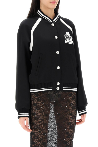 Shop Alessandra Rich Satin Bomber Jacket With Logo Patch In Black,white