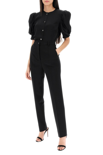 Shop Alessandra Rich Envers Satin Blouse With Bouffant Sleeves In Black