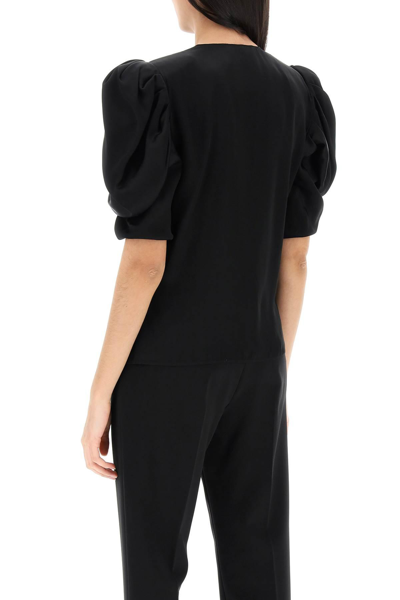 Shop Alessandra Rich Envers Satin Blouse With Bouffant Sleeves In Black