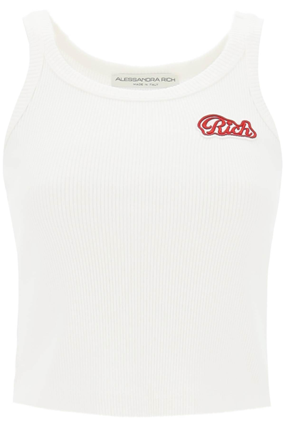 Shop Alessandra Rich Ribbed Tank Top With Logo Patch In White