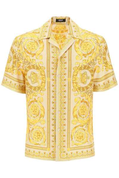 Shop Versace Barocco Bowling Shirt In Beige,yellow