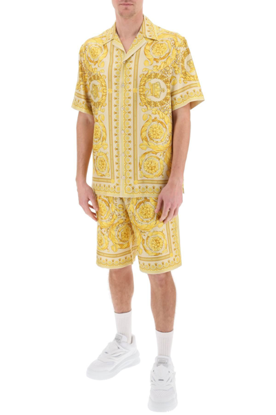 Shop Versace Barocco Bowling Shirt In Beige,yellow