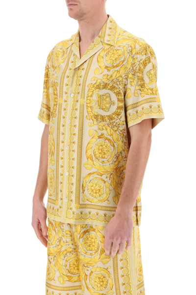 Shop Versace Barocco Bowling Shirt In Beige,yellow