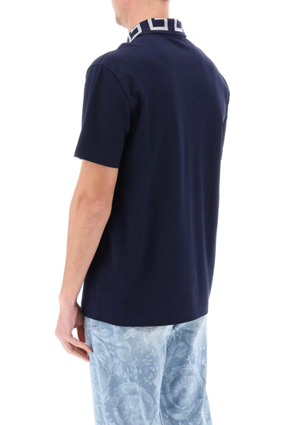 Shop Versace Polo Shirt With Greca Collar In Blue,silver