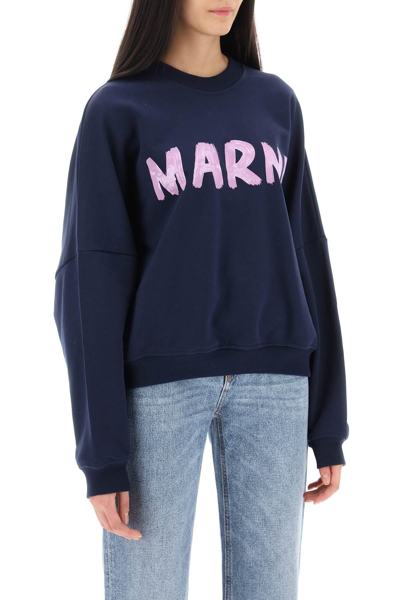 Shop Marni Logo Print Boxy Sweatshirt In Blue