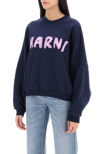 Shop Marni Logo Print Boxy Sweatshirt In Blue