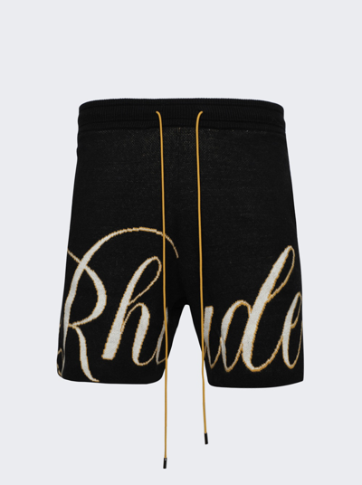 Shop Rhude Script Logo Knit Shorts In Black And Crème