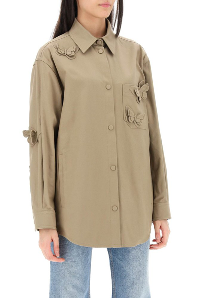 Shop Valentino Butterfly Embellished Overshirt In Beige