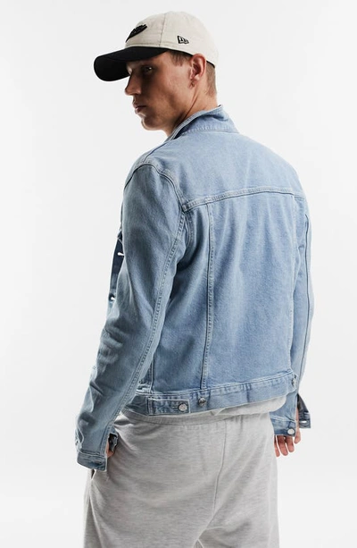 Asos Design Skinny Denim Jacket In Mid Blue