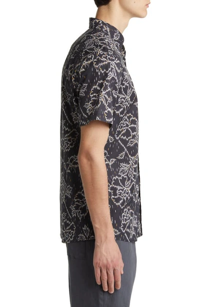 Shop Treasure & Bond Floral Short Sleeve Button-down Shirt In Navy India Ink Line Floral