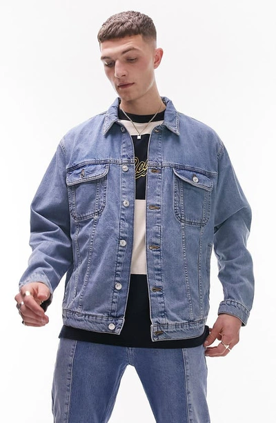 Shop Topman Oversize Denim Jacket In Mid Blue