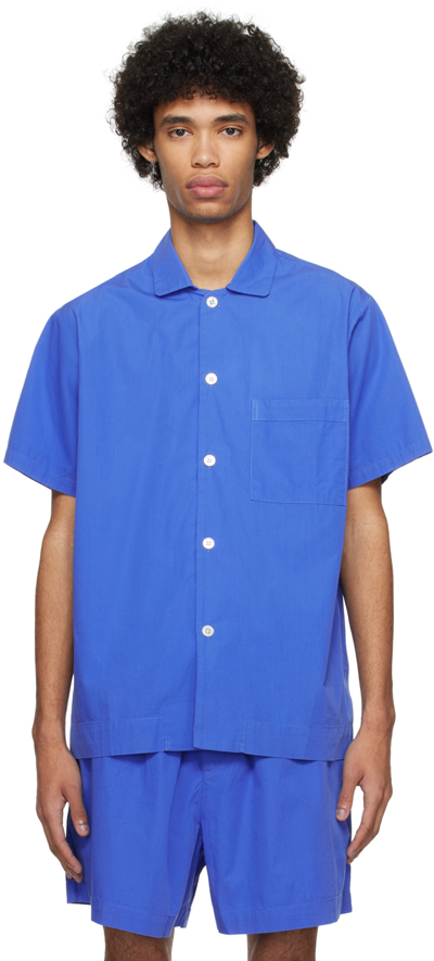 Shop Tekla Blue Short Sleeve Pyjama Shirt In Royal Blue