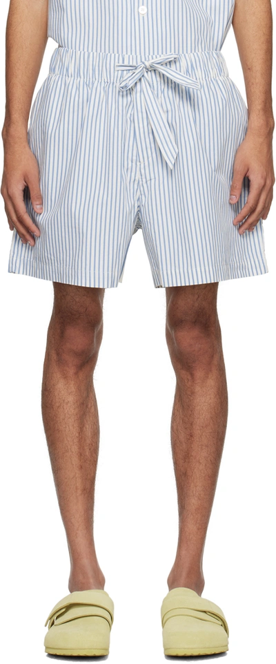 Shop Tekla White & Blue Drawstring Pyjama Shorts In Placid Blue Stripes