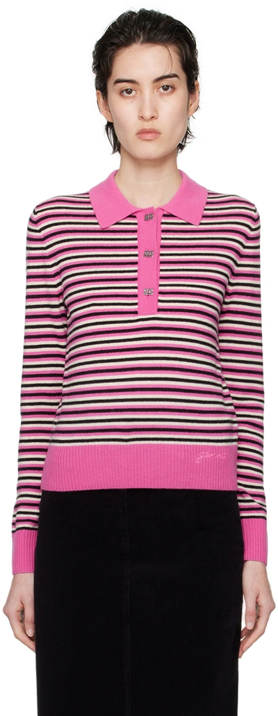 Shop Ganni Pink Striped Polo In 999 Multicolour