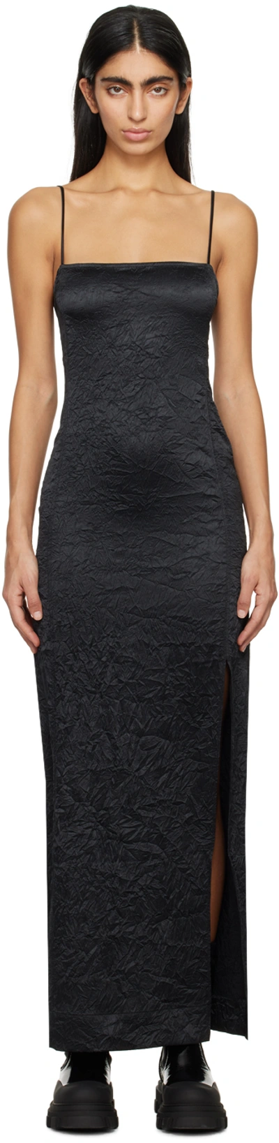 Shop Ganni Black Crinkled Maxi Dress In 099 Black