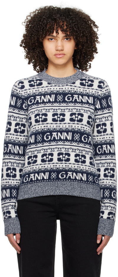 Shop Ganni White & Blue Jacquard Sweater In 683 Sky Captain