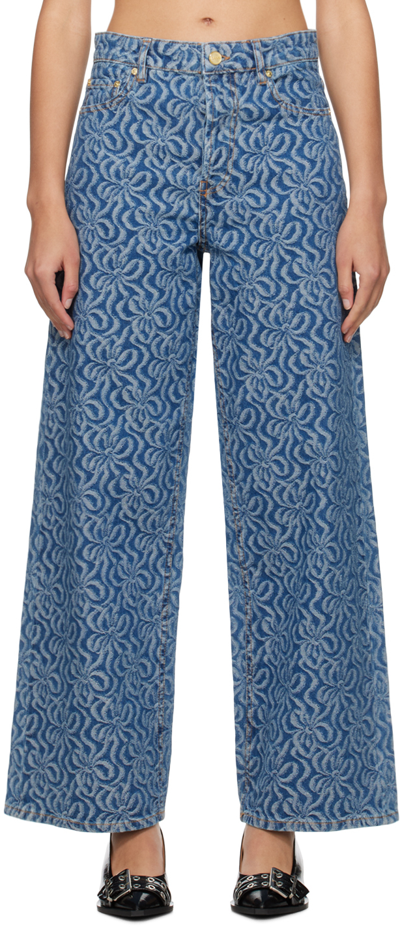 Shop Ganni Blue Jacquard Jeans In 566 Mid Blue Stone