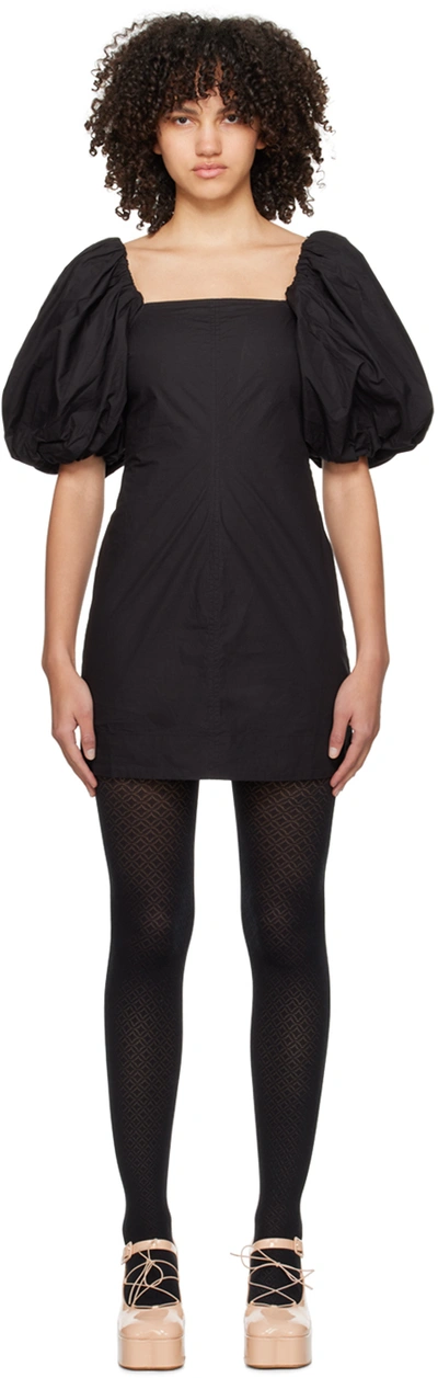 Ganni Cotton Poplin Puff Sleeve Mini Dress In 099 Black