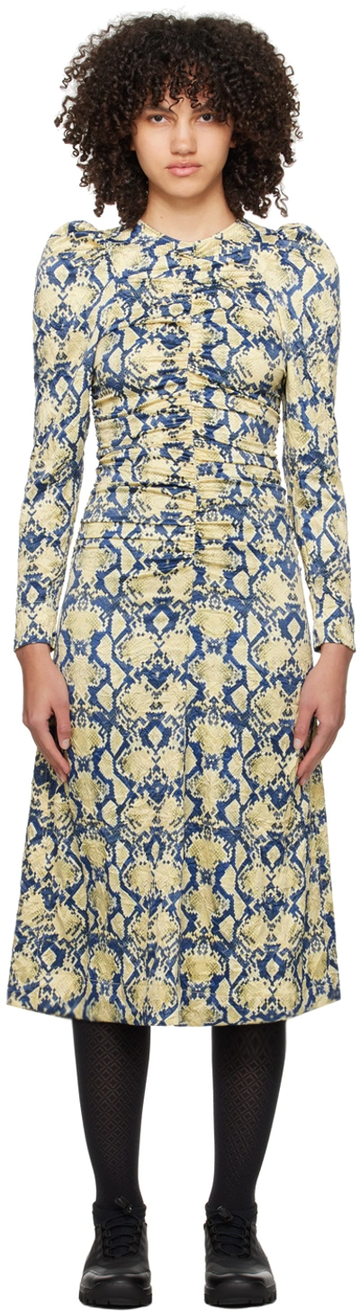 Shop Ganni Blue & Beige Snake Printed Midi Dress In 883 Safari