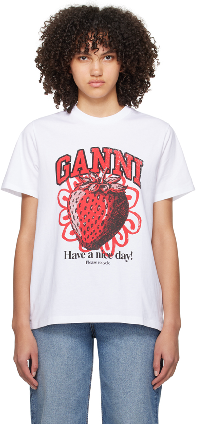 Shop Ganni White Strawberry T-shirt In 151 Bright White