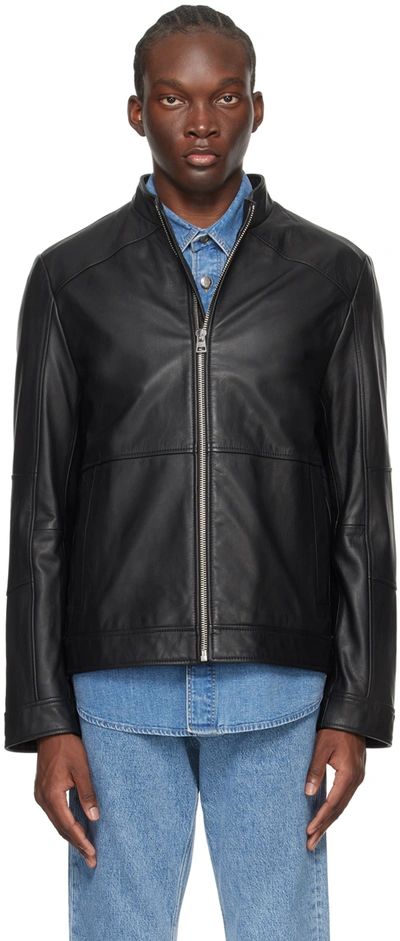 Shop Hugo Black Paneled Leather Jacket In Black 002