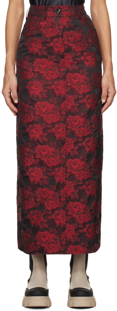 Ganni Red Botanical Jacquard Long Skirt In 472 High Risk Red