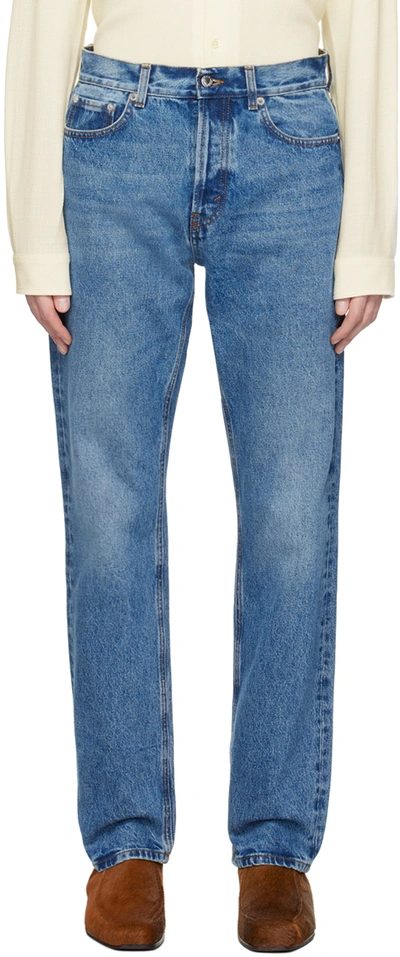 Shop Séfr Blue Straight Cut Jeans In Worn Wash