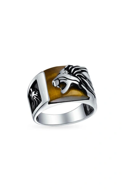 Shop Bling Jewelry Stone Large Roaring Lion Ring In Brown