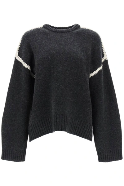Shop Totême Toteme Sweater With Contrast Embroideries In Grey