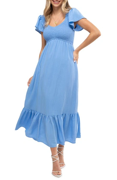Shop August Sky Short Sleeve Midi Dress In Blue