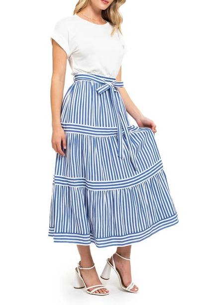 August Sky Tiered Midi Dress In Blue Multi