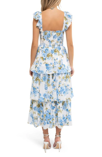 August Sky Floral Tiered Midi Dress In Blue Multi