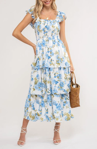 August Sky Floral Tiered Midi Dress In Blue Multi