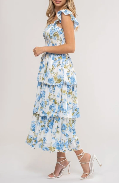 August Sky Floral Tiered Midi Dress In Blue Multi