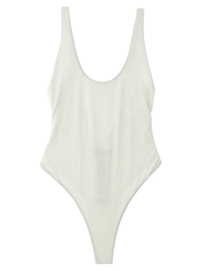 Shop Elisabetta Franchi Rhinestone Logo One-piece Swimsuit Beachwear In White