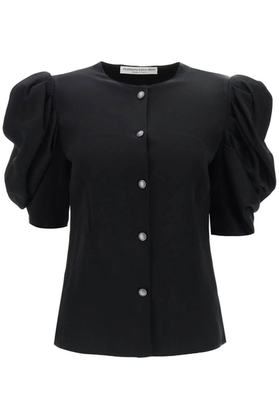 Shop Alessandra Rich Envers Satin Blouse With Bouffant Sleeves In Black