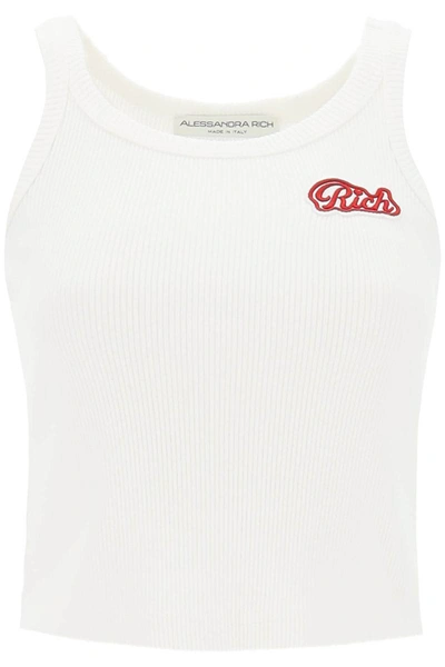 Shop Alessandra Rich Ribbed Tank Top With Logo Patch In White