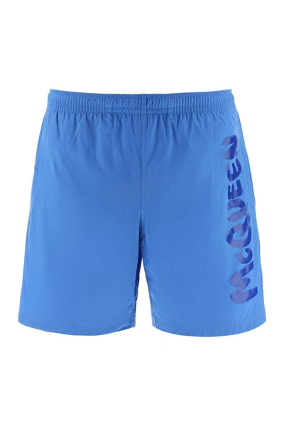 Shop Alexander Mcqueen Graffiti Swim Trunks In Blue