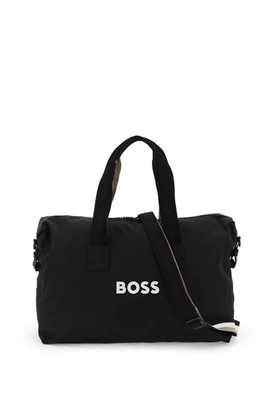 Shop Hugo Boss Boss Rubberized Logo Duffle Bag In Black