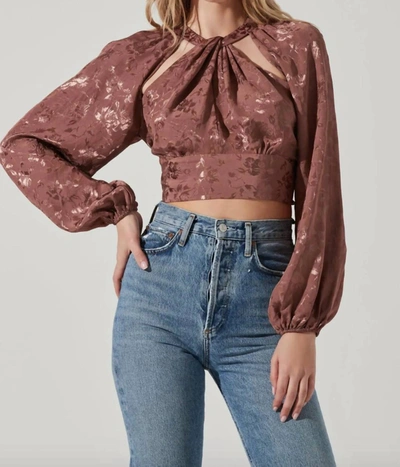 Shop Astr Betsy Floral Cutout Long Sleeve Top In Brown Jacquard In Red