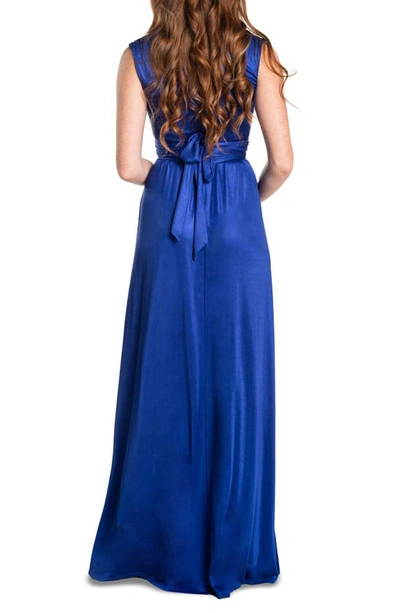 Shop Dress The Population Krista Plunge Neck Side Slit Gown In Electric Blue