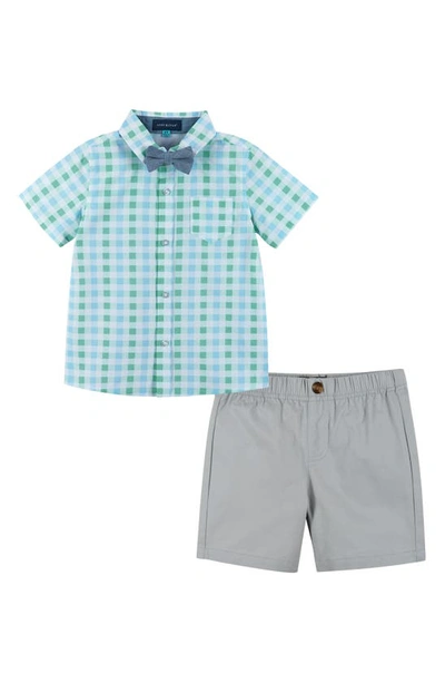 Shop Andy & Evan Woven Button-up Shirt, Bow Tie & Shorts Set In Mint & Grey