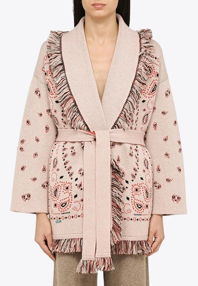 Shop Alanui Bandana-jacquard Belted Cashmere Cardigan In Pink