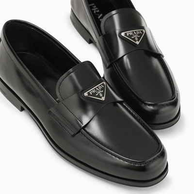 Shop Prada Black Leather Loafer With Logo Men
