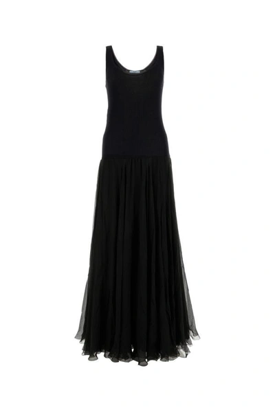 Shop Prada Woman Back Silk Long Dress In Black