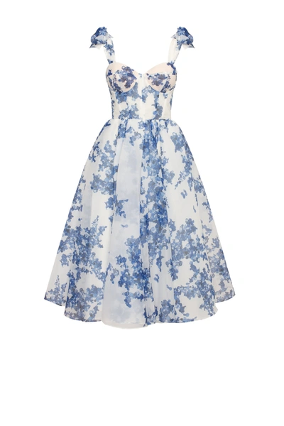 Shop Milla Charming Blue Hydrangea-patterned Organza Midi Dress, Garden Of Eden In Blue-navy