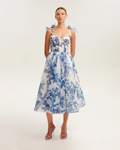 Milla Charming Blue Hydrangea-patterned Organza Midi Dress, Garden Of Eden In Blue-navy